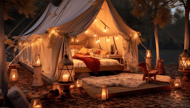 A tent in the forest at night with lights on