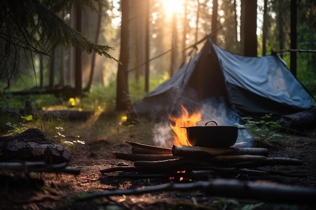 Палатка в лесу летом у костра с котлом, из которого идет пар от еды, сгенерированной ИИ