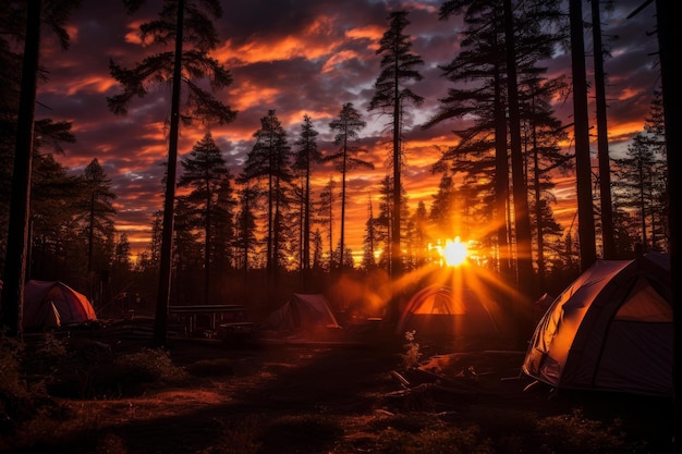 Foto il tramonto della tenda della foresta generate ai