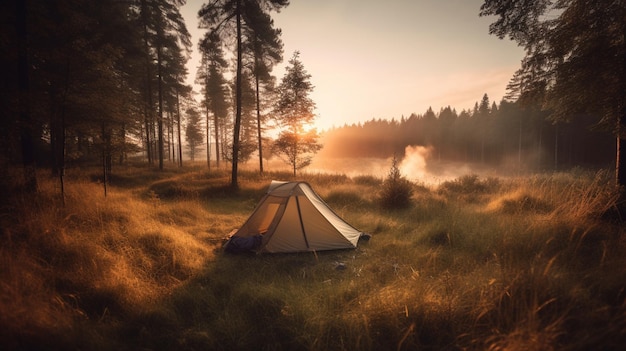 A tent in a forest with the sun shining on it.