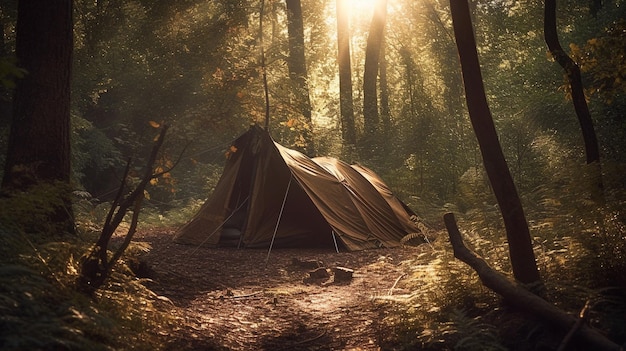 A tent in a forest with the sun shining on it.