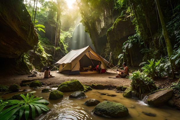 A tent in a forest with a waterfall in the background