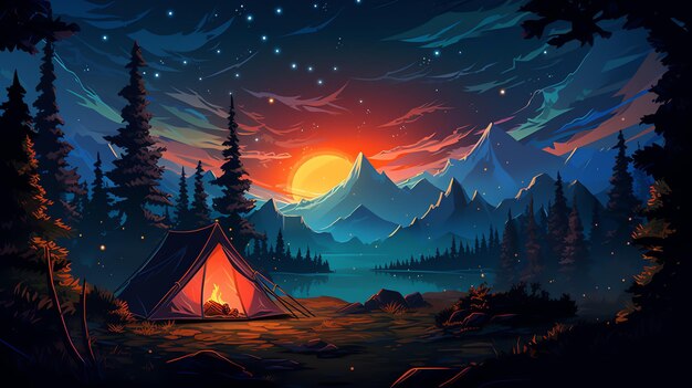 A tent in front of a lake with mountains and a sunset