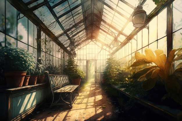 Tent glass greenhouse interior with plant