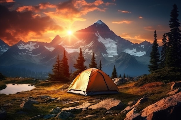 Foto tenda su un campo erboso con vista sulla montagna generative ai