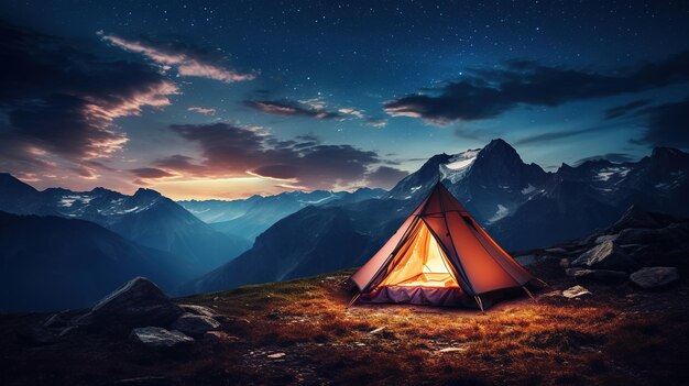 Tent in de sterrenhemel van de bergen