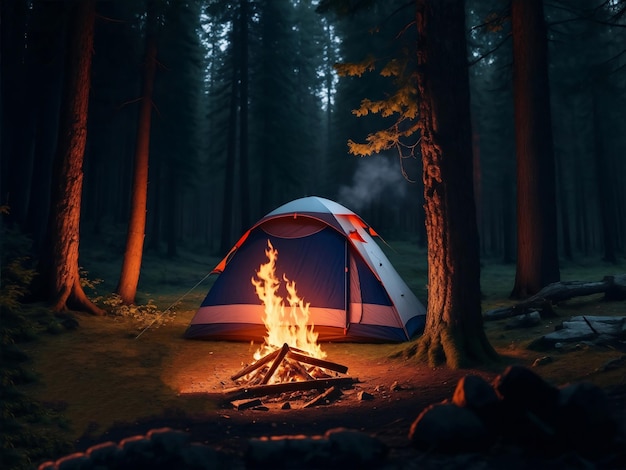 Tent in een bos met een kampvuur Generatieve AI Illustratie