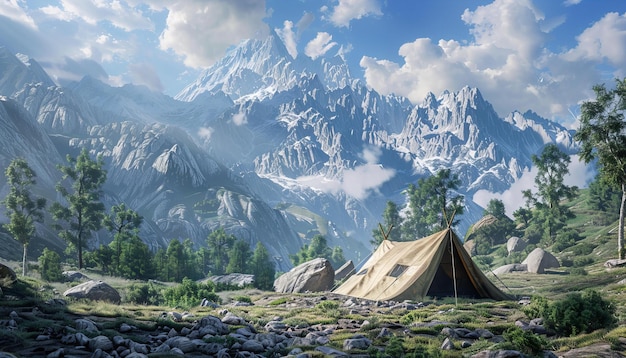 Tent in een serene berglandschap met majestueuze toppen Outdoor avontuur en natuur verkenning