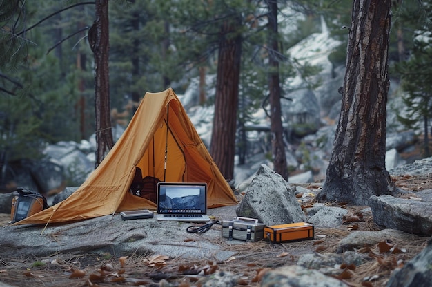 Tent in het bos met laptop