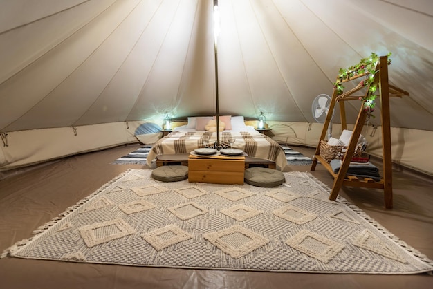 Tent interior at glamping night