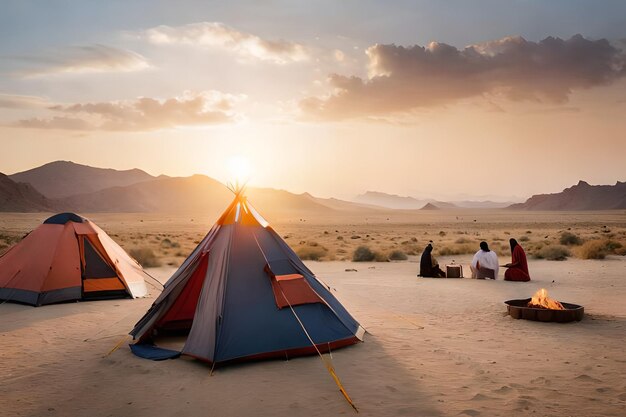 텐트는 산을 배경으로 사막에 있습니다.