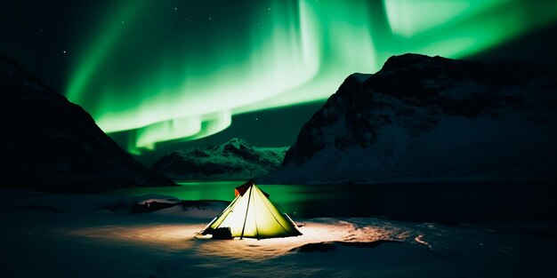 A tent is lit up in front of a green aurora.