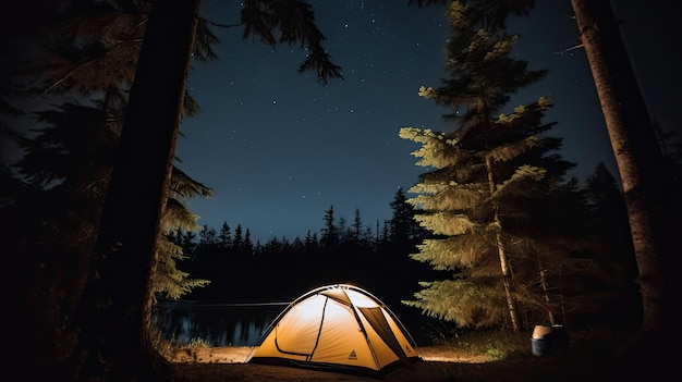 A tent is lit up at night in a forest.