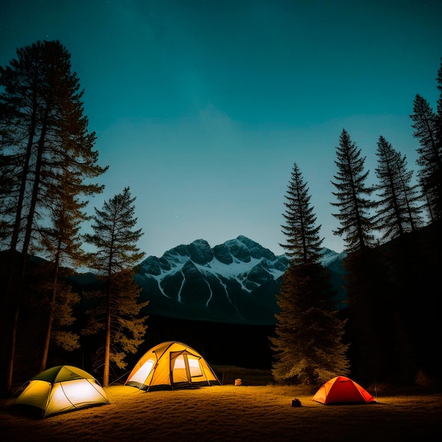 A tent is lit up at night with the mountains in the background.