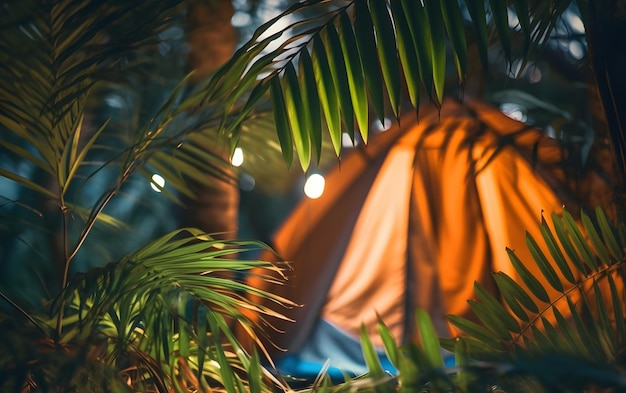 Photo a tent is lit up in the woods with the lights on.