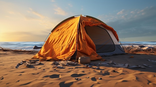 A tent is set up on the beach at sunset