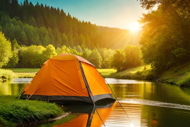 A tent is set up by a lake in the mountains.