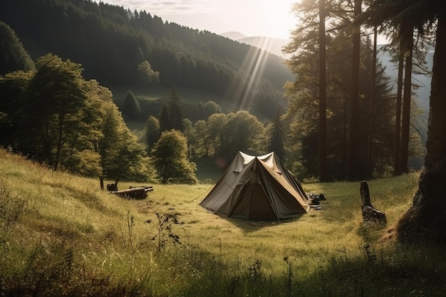 A tent is set up in a field with a mountain in the background.