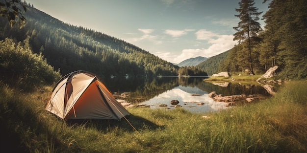 A tent is set up in front of a lake and mountains.