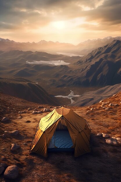 A tent is set up on a mountain top with a sunset in the background.