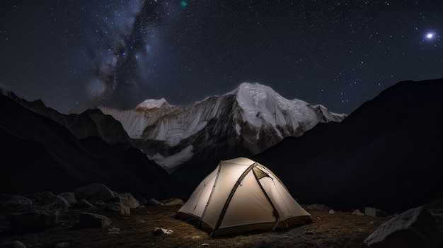 A tent is set up in the mountains under a starry sky.