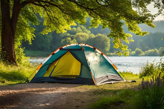 Photo a tent is set up on a path by a lake.