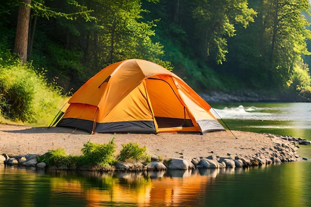 A tent is set up on a sandy beach in front of a river.