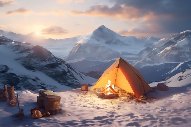 A tent is set up in the snow with the sun setting behind it.