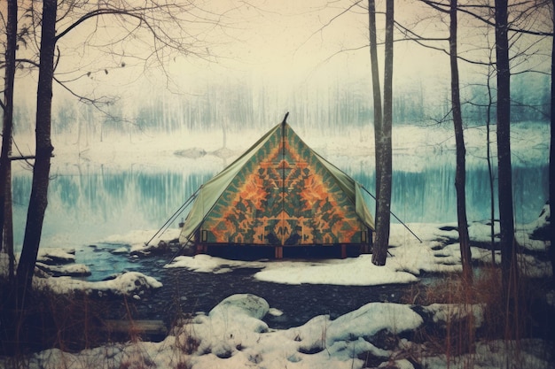 A tent is in the woods by the water.