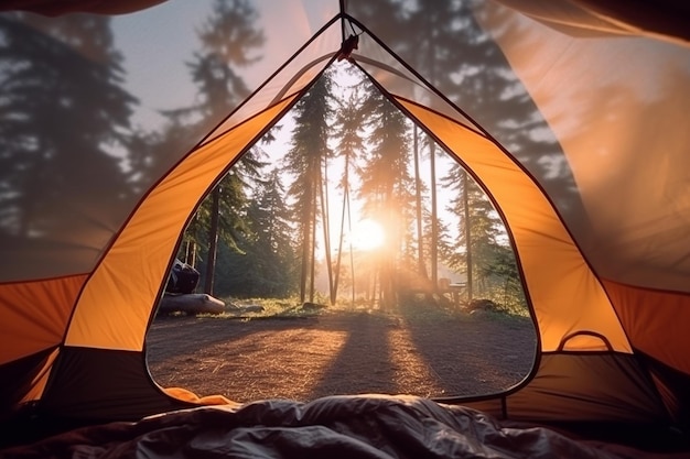 Tent kamperen Illustratie van het prachtige uitzicht vanuit de open tent op een afgelegen locatie