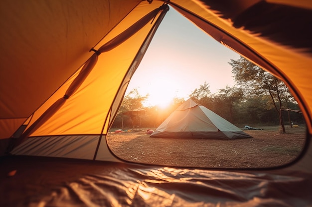 Tent kamperen Illustratie van het prachtige uitzicht vanuit de open tent op een afgelegen plek gecreëerd