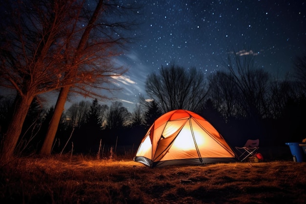 밤에는 별이 빛나는 하늘 아래 텐트에 불이 켜졌다