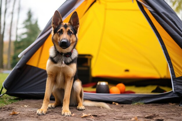 Tent met een hondenriem in de buurt