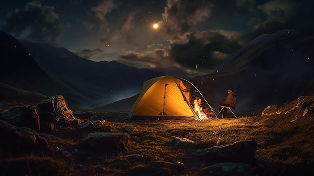 Tent in the mountains in the evening hike