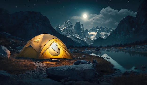 달빛으로 조명된 산에 있는 텐트