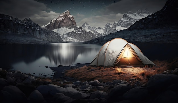 Tent in the mountains illuminated by the light of the moon