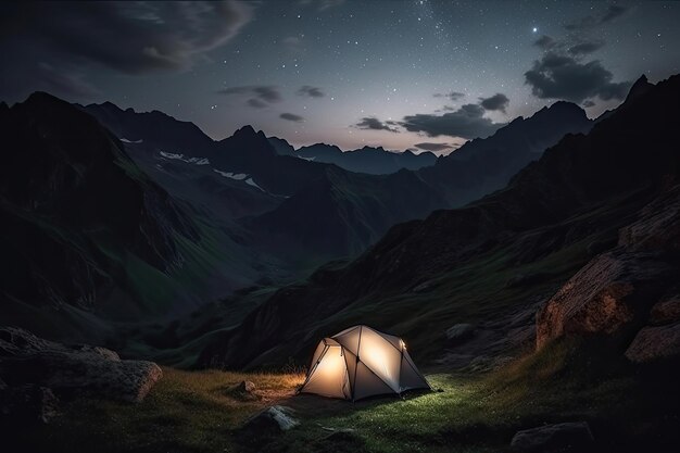 Tent in a Mountains at Night Generative AI