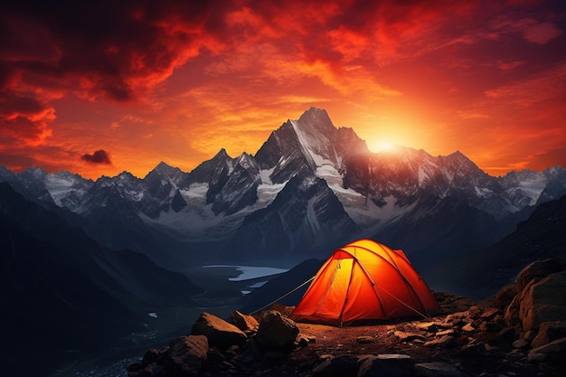 Tent in the mountains at sunset Beautiful summer landscape with a tent