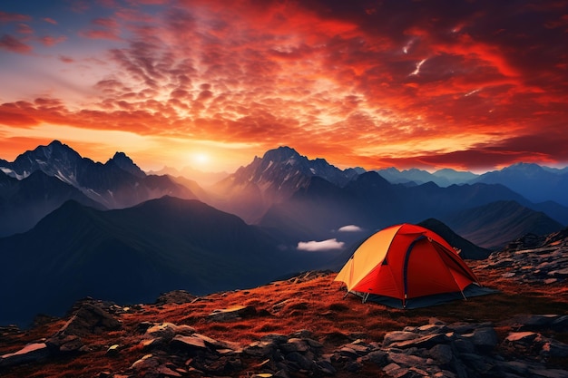 Tent in the mountains at sunset Beautiful summer landscape with a tent