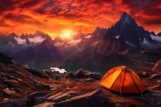 夕暮れの山のテント 美しい夏の風景とテント
