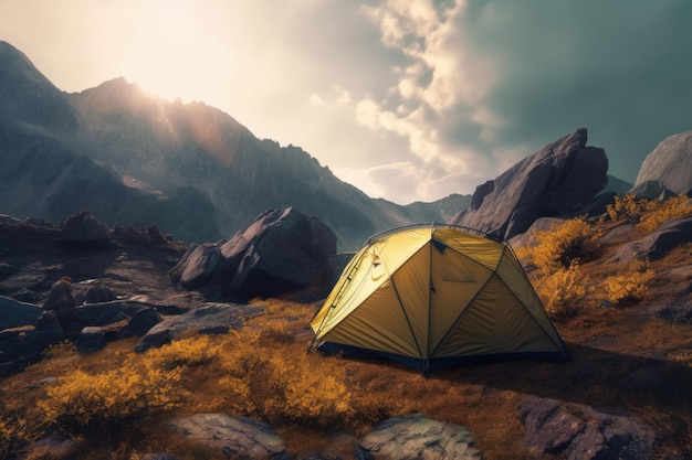 Tent in mountains sunshine Generate Ai