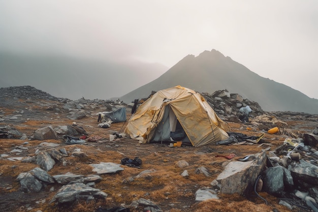 A tent in the mountains with a mountain in the background