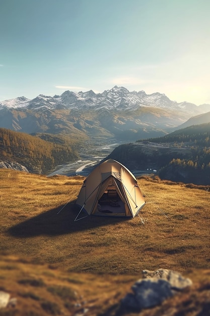 A tent in the mountains with the sun setting behind it