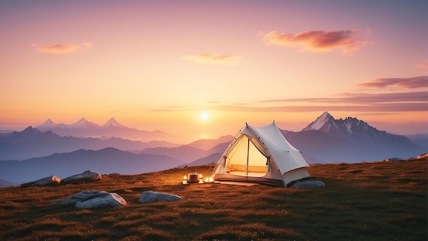 a tent in the mountains with the sun setting behind it