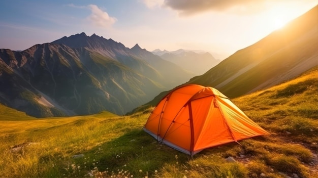 A tent in the mountains with the sun setting