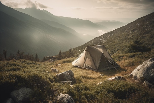 A tent in the mountains with the sun shining on it