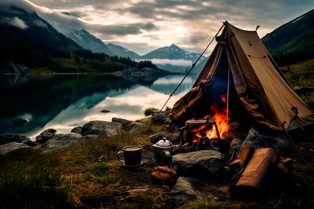 Tent near the lake Camping AI generated