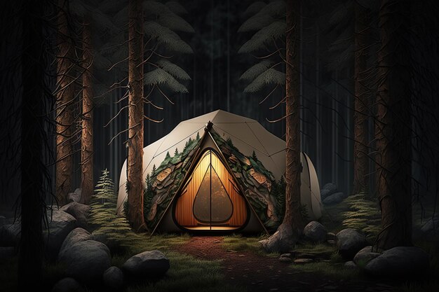 Tent in the night forest eco vacation in nature