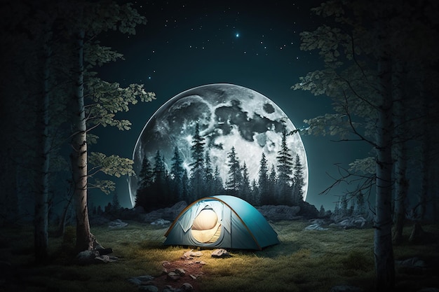 Tent in the night forest eco vacation in nature