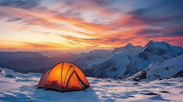 Tent op een besneeuwde berg Bergen bij zonsopgang